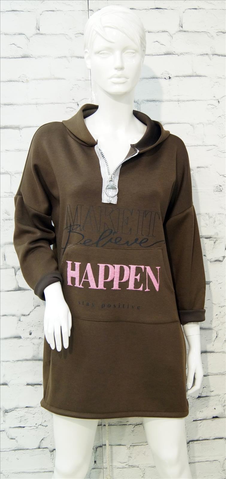 Bhatti Mode GmbH - Young fashion, DOB - Blusen, Hosen Jacken, Jeans, Kleider, Pullover etc. | Artikel-Nr. 16718 | Lonhoodie Happen | # weiches Longshirt mit Applikation ## Reißverschluss und Kapuze ## Rückenteil etwas länger mit Kordel ## Kängurutasche ## A-A Linie 52 cm, Rückenseite 83 cm ## 62%Polyester,33%Viskose,5%Elasthan # | Kategorie: Shirt/Bluse/Pullover | Angebot: Damenbekleidung, Young Fashion, Sofortprogramme | Adresse: Bhatti Mode GmbH - Breslauer Str. 8 - 41460 Neuss - Tel: 02131-130004 - gurdip-bhatti@t-online.de