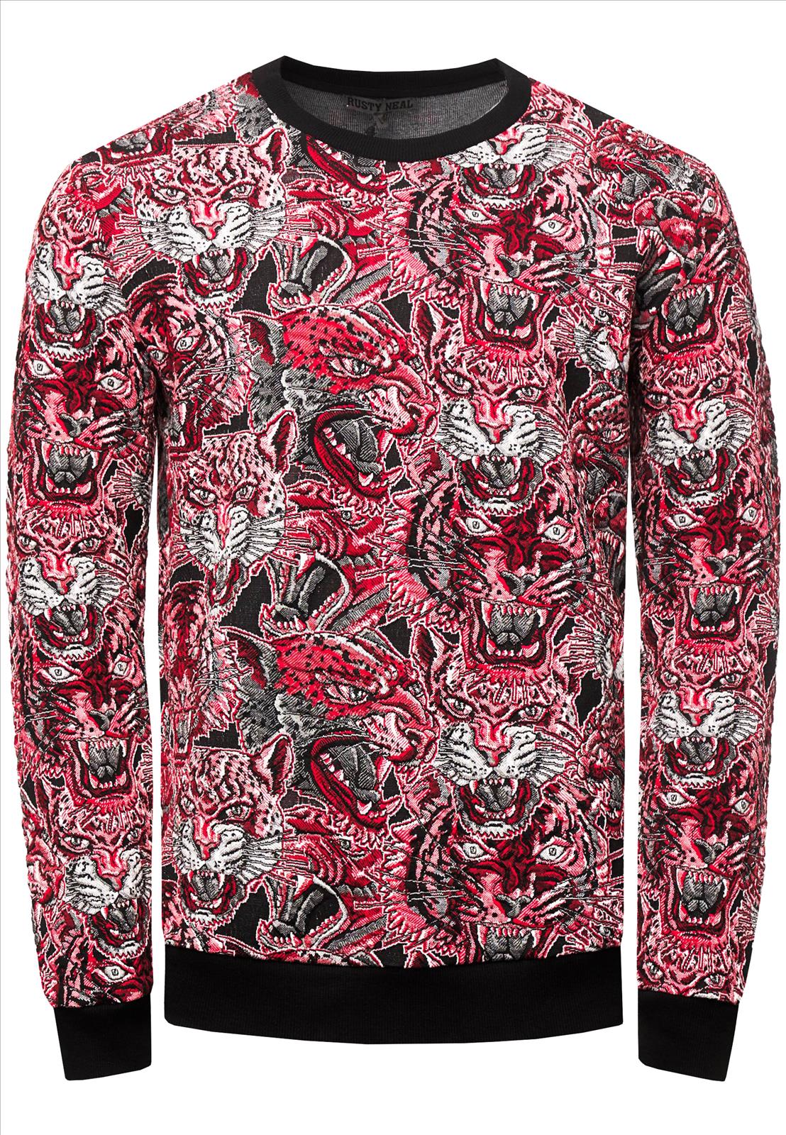 Rusty Neal - Rocas GmbH (Jeans, Young Fashion) - Jeans, Pullover, T-Shirts, Sweatshirts, Longshirts | 50% Rabatt - Roter Jacquard Sweater mit Tiger-Design | Artikel-Nr. 19147 | Sweatshirt | MARKE Rusty Neal PASSFORM Regular Fit MATERIAL 80% Polyester, 18% Viskose, 2% Elastan GEWICHT 600 gr HERSTELLUNGSLAND Türkei KRAGENFORM Rundhals BESONDERE MERKMALE Jacquard Sweater mit Muster | Kategorie: Sweatshirt / JACQUARD | Angebot: Herrenbekleidung, Herren Accessoires, Young Fashion, Sofortprogramme, Orderware | Adresse: Rocas GmbH - Weselerstr. 115 - 47608 Geldern - Tel: 0157 / 50996802 - info@rustyneal.de