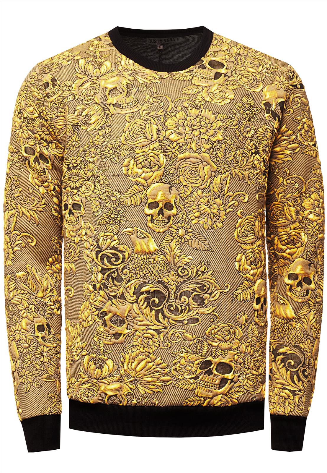 Rusty Neal - Rocas GmbH (Jeans, Young Fashion) - Jeans, Pullover, T-Shirts, Sweatshirts, Longshirts | 50% Rabatt - Jacquard Sweater im Gold-Skull-Design | Artikel-Nr. 19145 | Sweatshirt | MARKE Rusty Neal PASSFORM Regular Fit MATERIAL 76% Polyester, 22% Viskose, 2% Elastan GEWICHT 600 gr HERSTELLUNGSLAND Türkei KRAGENFORM Rundhals BESONDERE MERKMALE Jacquard Sweater mit Muster | Kategorie: Sweatshirt / JACQUARD | Angebot: Herrenbekleidung, Herren Accessoires, Young Fashion, Sofortprogramme, Orderware | Adresse: Rocas GmbH - Weselerstr. 115 - 47608 Geldern - Tel: 0157 / 50996802 - info@rustyneal.de
