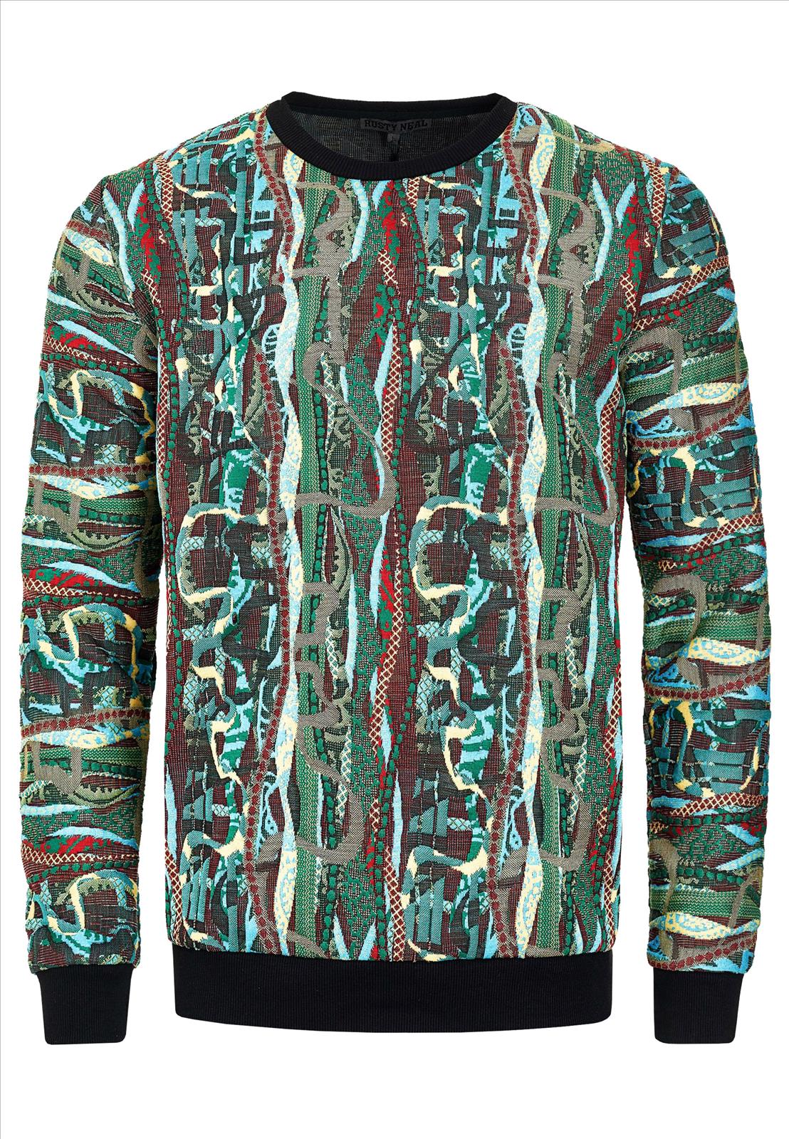 Rusty Neal - Rocas GmbH (Jeans, Young Fashion) - Jeans, Pullover, T-Shirts, Sweatshirts, Longshirts | 50% Rabatt - Jacquard Sweater im 90er New York Style | Artikel-Nr. 19132 | Sweatshirt | MARKE Rusty Neal PASSFORM Regular Fit MATERIAL 76% Polyester, 22% Viskose, 2% Elastan GEWICHT 600 gr HERSTELLUNGSLAND Türkei KRAGENFORM Rundhals BESONDERE MERKMALE Jacquard Sweater mit Muster | Kategorie: Sweatshirt / JACQUARD | Angebot: Herrenbekleidung, Herren Accessoires, Young Fashion, Sofortprogramme, Orderware | Adresse: Rocas GmbH - Weselerstr. 115 - 47608 Geldern - Tel: 0157 / 50996802 - info@rustyneal.de