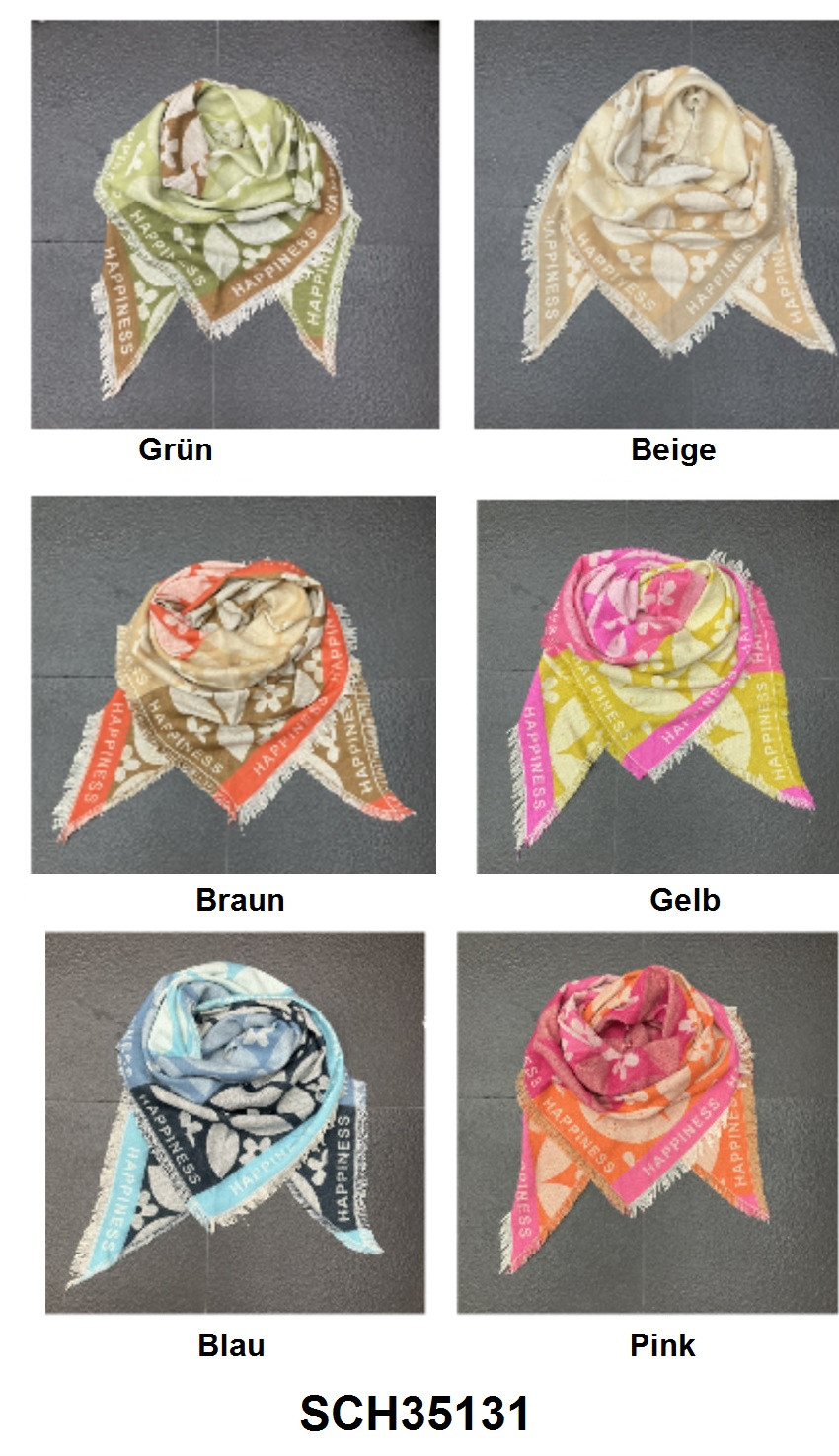 Kanaan Moden GmbH - Moden Schmuckgrosshandel, Accessoires | Artikel-Nr. SCH35131 | Dreieckig Schal mit Blumen | Kategorie: Schals / Dreieckstuch | Angebot: Damen Accessoires, Herren Accessoires, Young Fashion, Leather Wear, Sofortprogramme | Adresse: Kanaan Moden GmbH - Raum B108 - Anton Kux Str. 2 - 41460 Neuss - Tel: +49 2131 5765778 - kanaanmoden@gmx.de