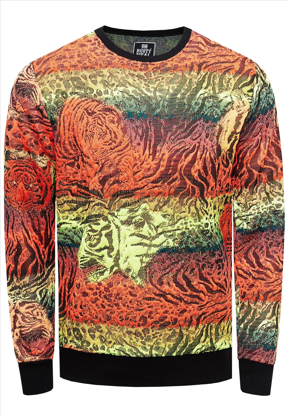 Rusty Neal - Rocas GmbH (Jeans, Young Fashion) - Jeans, Pullover, T-Shirts, Sweatshirts, Longshirts | 50% Rabatt - Jacquard Sweater mit Tiger-Design | Artikel-Nr. 19142 | Sweatshirt | MARKE Rusty Neal PASSFORM Regular Fit MATERIAL 76% Polyester, 22% Viskose, 2% Elastan GEWICHT 600 gr HERSTELLUNGSLAND Türkei KRAGENFORM Rundhals BESONDERE MERKMALE Jacquard Sweater mit Muster | Kategorie: Sweatshirt / JACQUARD | Angebot: Herrenbekleidung, Herren Accessoires, Young Fashion, Sofortprogramme, Orderware | Adresse: Rocas GmbH - Weselerstr. 115 - 47608 Geldern - Tel: 0157 / 50996802 - info@rustyneal.de