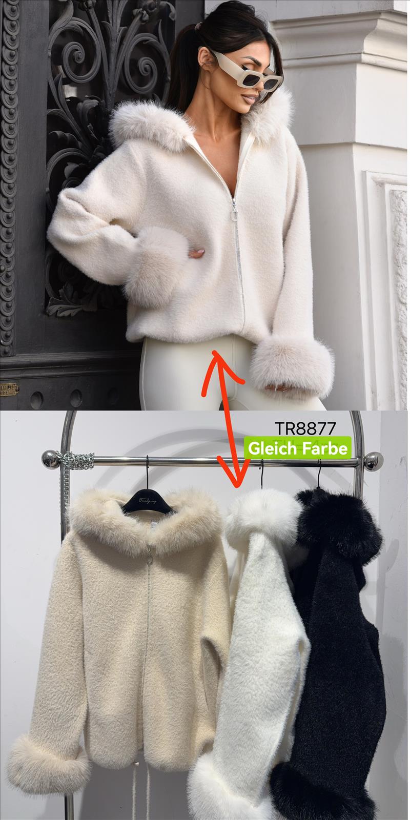 Miss Furs GmbH - MISS FURS Damenmode - Accessoires, Sportswear, Jeans, Tops, Bags | Artikel-Nr. TR8877 | Jacke | Kategorie: Bekleidung / Outerwear / Jacke | Angebot: Damenbekleidung, Damen Accessoires, Young Fashion, Sofortprogramme, Orderware | Adresse: Miss Furs GmbH - Breslauer Str. 8 - 41460 Neuss - Tel: 02131-3165333 - info@missfurs.de