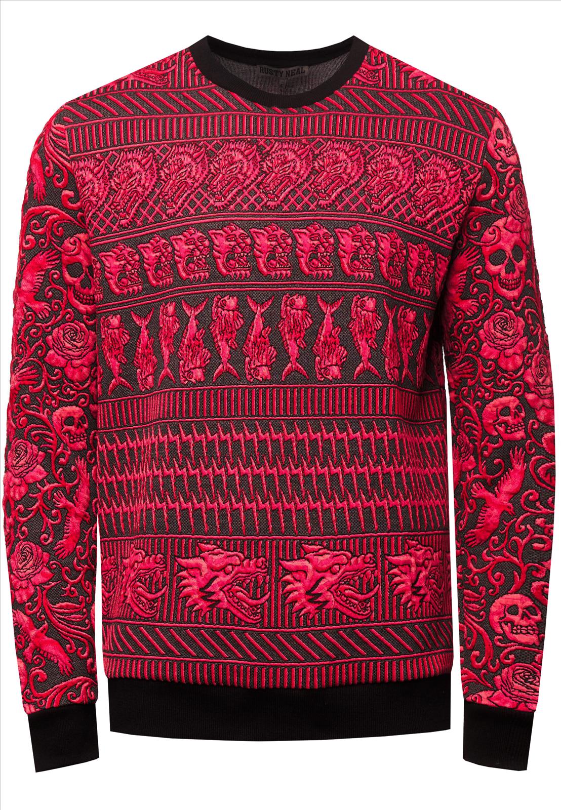Rusty Neal - Rocas GmbH (Jeans, Young Fashion) - Jeans, Pullover, T-Shirts, Sweatshirts, Longshirts | 50% Rabatt - Roter Jacquard Sweater im Aufwendigen Design | Artikel-Nr. 19146 | Sweatshirt | MARKE Rusty Neal PASSFORM Regular Fit MATERIAL 76% Polyester, 22% Viskose, 2% Elastan GEWICHT 600 gr HERSTELLUNGSLAND Türkei KRAGENFORM Rundhals BESONDERE MERKMALE Jacquard Sweater mit Muster | Kategorie: Sweatshirt / JACQUARD | Angebot: Herrenbekleidung, Herren Accessoires, Young Fashion, Sofortprogramme, Orderware | Adresse: Rocas GmbH - Weselerstr. 115 - 47608 Geldern - Tel: 0157 / 50996802 - info@rustyneal.de