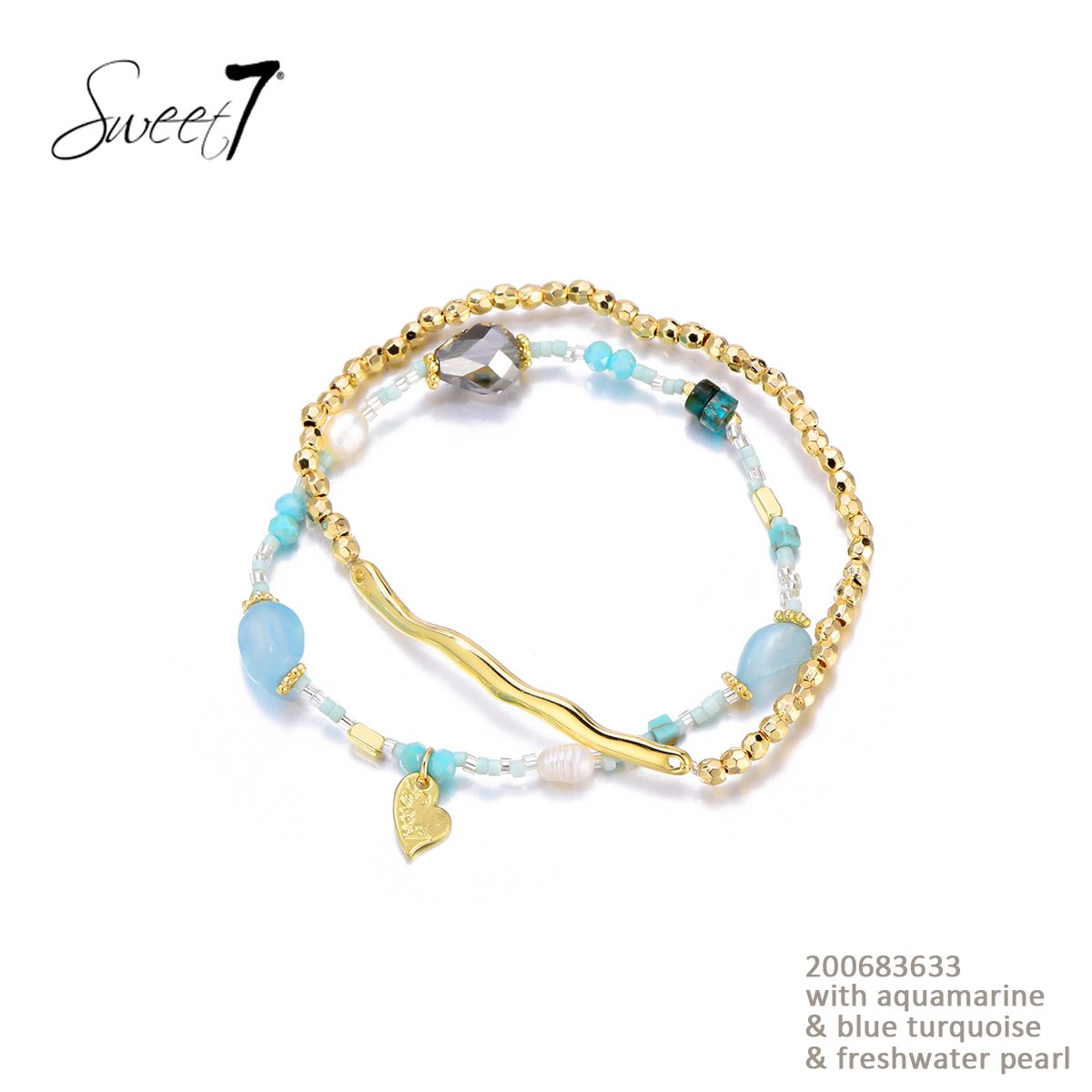 Hier geht's zum Shop von: Sunny Mode GmbH - Junge Mode aus Paris | Artikel-Nr. 200683633 | ARMBAND SWEET7 | Filigranes Armband-Set mit hellblauen Natursteinen, Süßwasserperle und goldfarbenen Elementen, verziert mit Herzanhänger. | Adresse: Sunny Mode GmbH - Kölner Str. 1 - 65760 Eschborn - Tel: 06196 483138 - info@sunnymode.de | Angebot: Damenbekleidung, Damen Accessoires, Große Größen, Young Fashion, Sofortprogramme