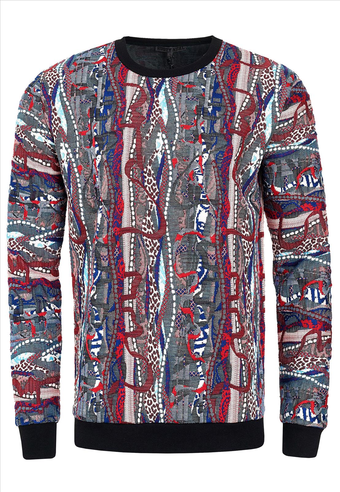 Rusty Neal - Rocas GmbH (Jeans, Young Fashion) - Jeans, Pullover, T-Shirts, Sweatshirts, Longshirts | 50% Rabatt - Jacquard Sweater im 90er New York Style | Artikel-Nr. 19132 | Sweatshirt | MARKE Rusty Neal PASSFORM Regular Fit MATERIAL 76% Polyester, 22% Viskose, 2% Elastan GEWICHT 600 gr HERSTELLUNGSLAND Türkei KRAGENFORM Rundhals BESONDERE MERKMALE Jacquard Sweater mit Muster | Kategorie: Sweatshirt / JACQUARD | Angebot: Herrenbekleidung, Herren Accessoires, Young Fashion, Sofortprogramme, Orderware | Adresse: Rocas GmbH - Weselerstr. 115 - 47608 Geldern - Tel: 0157 / 50996802 - info@rustyneal.de